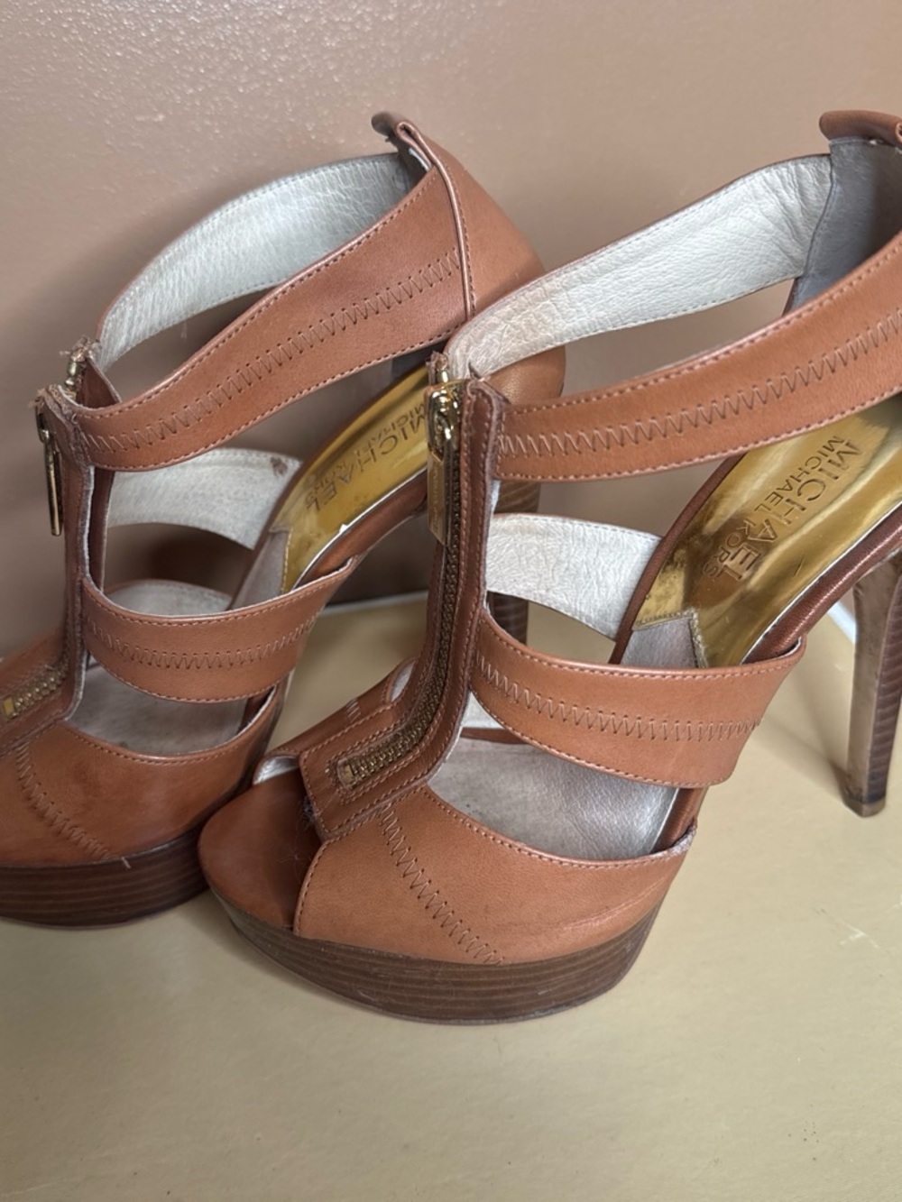 MICHAEL Michael Kors Cognac Leather Platform Sandals with Front Zip
